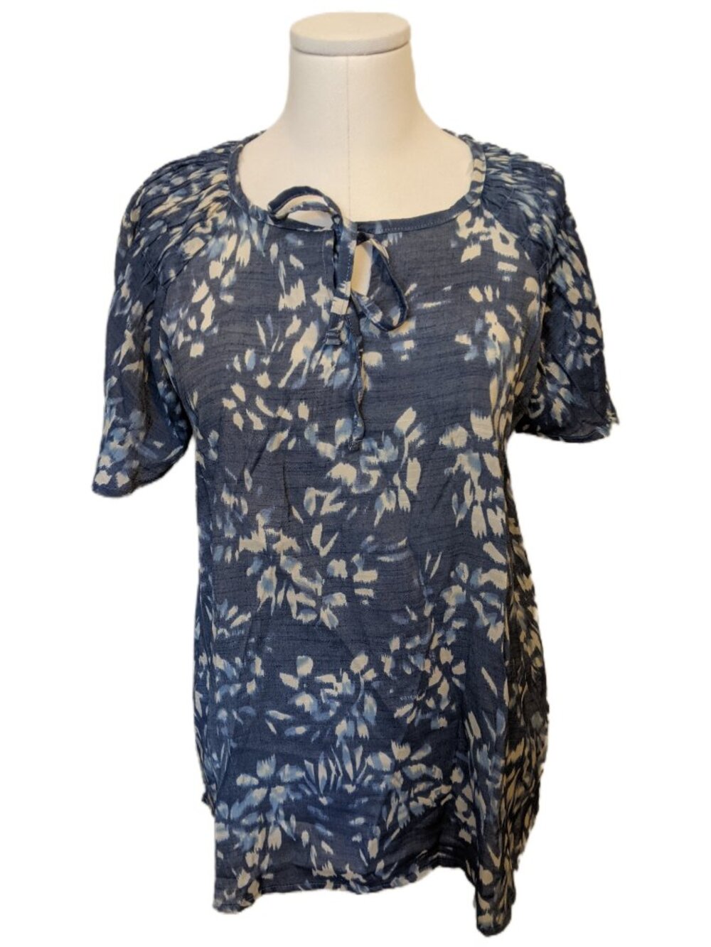 Womens Floral Print Tie Front Top Blouse Grey Blue White Boho Spring Coastal L
